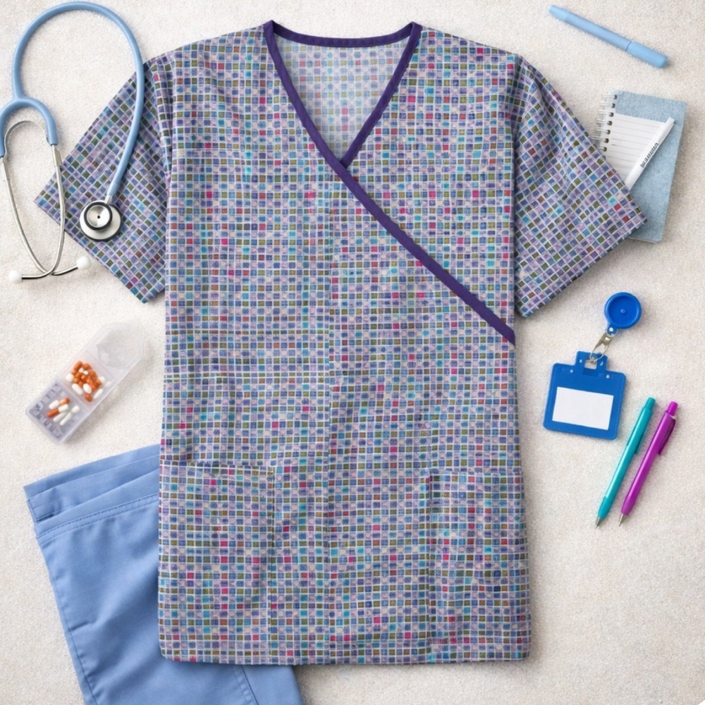 Women's SB Scrubs Purple Multi-color Blocks Size Small Tie Back Cotton Blend